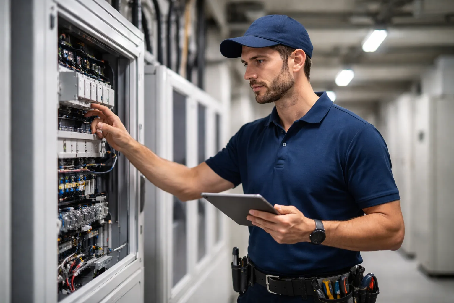 Técnica revisando panel eléctrico en comunidad